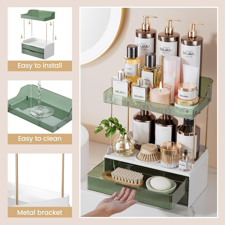 Delamu Make Up Organizer mit 2 Schubladen, 2 Etagen Kosmetik Organizer, Multifunktions Grösser Kosme