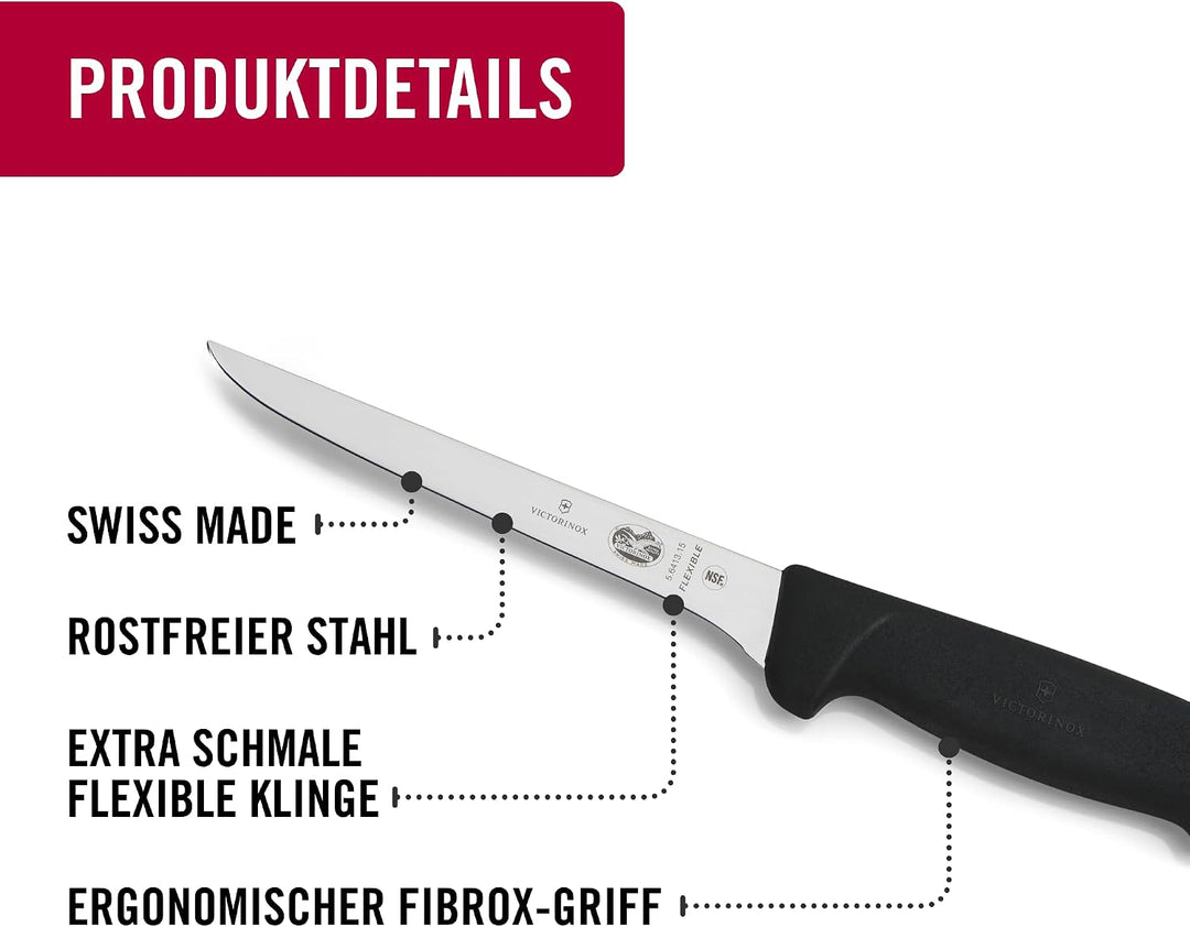 Victorinox Fibrox Ausbeinmesser, Scharfes Küchenmesser für Fleisch und Geflügel, 15 cm, Gerade Kling