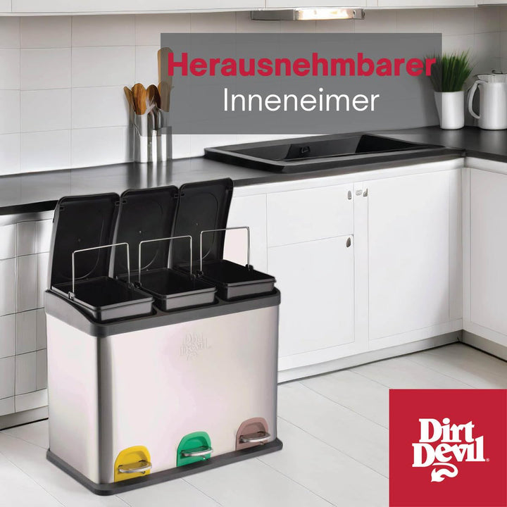 Dirt Devil Tretmülleimer 3 x 15L - Mülltrennsystem mit 3 Fächer - Abfalleimer Küche - Mülleimer mit