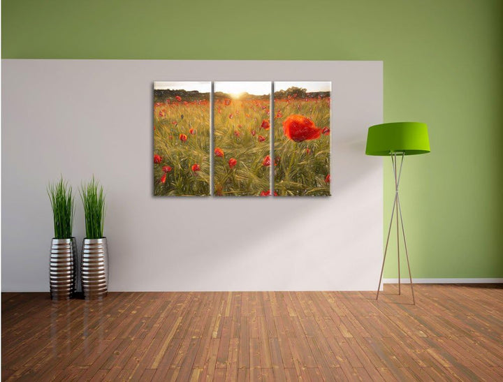 Pixxprint Mohnfeld bei Sonnenuntergang als Leinwandbild 3 teilig/Grösse: 3 Teilig (120x80) / Wandbil