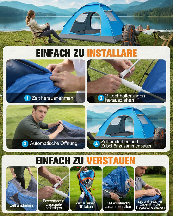 Wurfzelt 3-4 Personen Wasserdicht, Ultraleicht Winddicht Camping Zelt, Automatisches Pop Up Camping