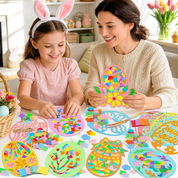 Ostern Basteln Kinder,12 Stück Fensterbilder Ostern,Osterdeko Bastelset Kinder 4 jahre,Bunte Osterei