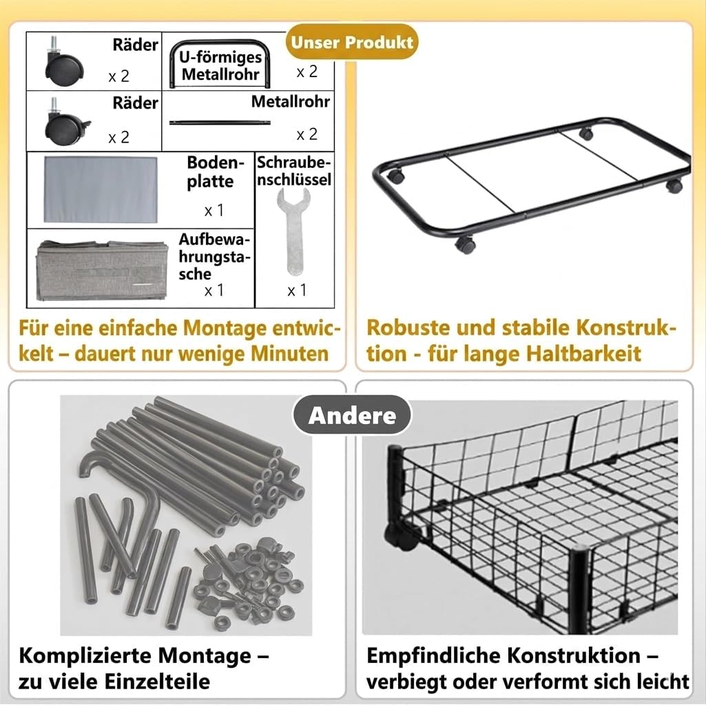 Unterbett Aufbewahrungsbox mit Rollen &amp; 3 Griffen, 2er Set Faltbare Unterbett Kommode 50L, Faltbare