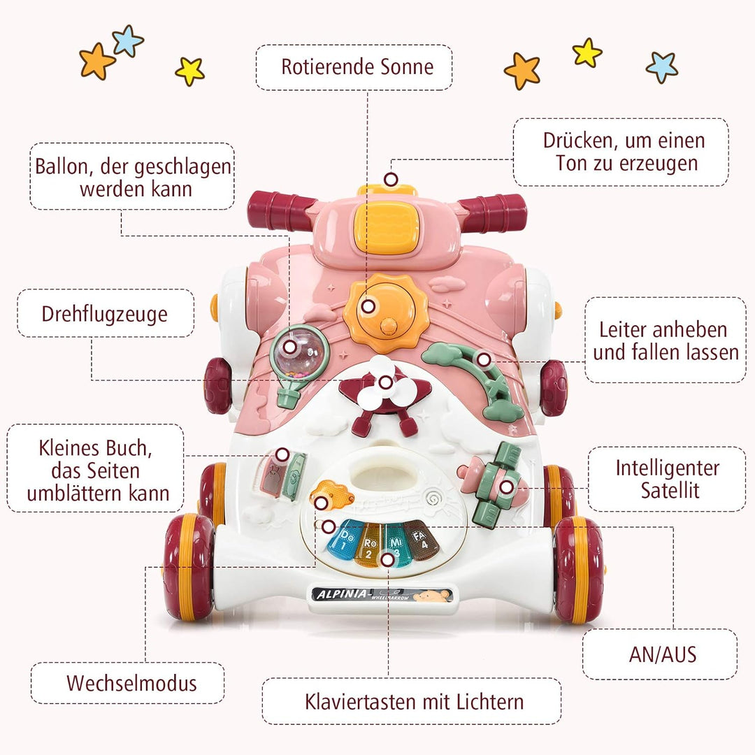 COSTWAY 3 in 1 Lauflernwagen mit Lichtern und Musik, Lauflernhilfe & Rutschauto & Spielbrett, Baby W