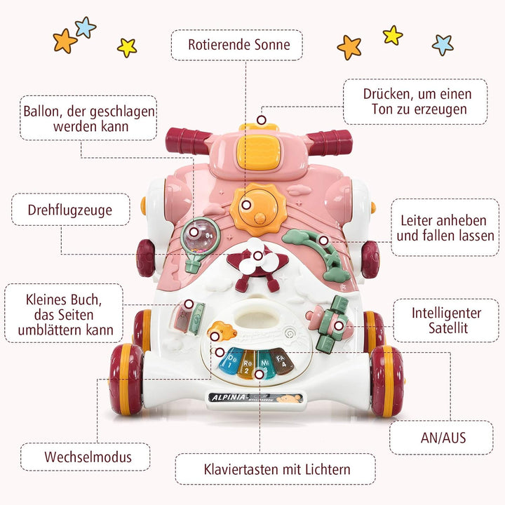 COSTWAY 3 in 1 Lauflernwagen mit Lichtern und Musik, Lauflernhilfe & Rutschauto & Spielbrett, Baby W