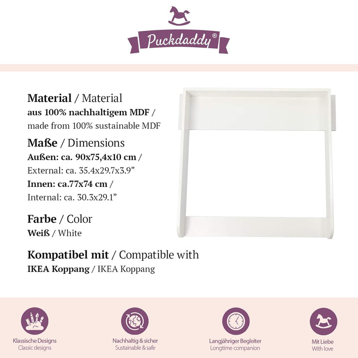 Puckdaddy Wickelaufsatz Knut | Wickelaufsatz kompatibel mit IKEA Koppang Kommoden | 90x75,4x10 cm |