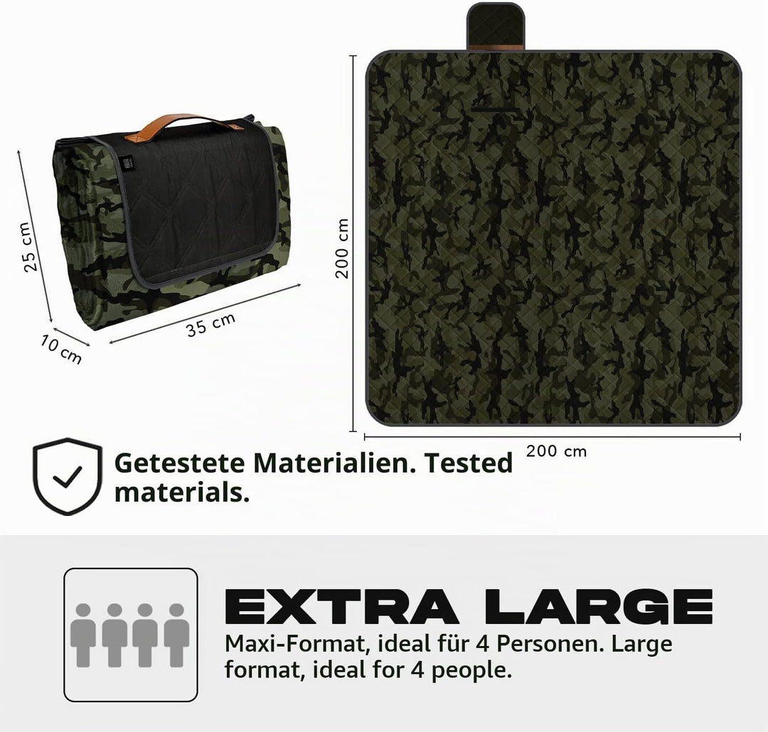 PERLETTI Picknickdecke Wasserdicht Faltbar Gross 200x200 - Outdoor Camping Decke mit Tragegurt - Str