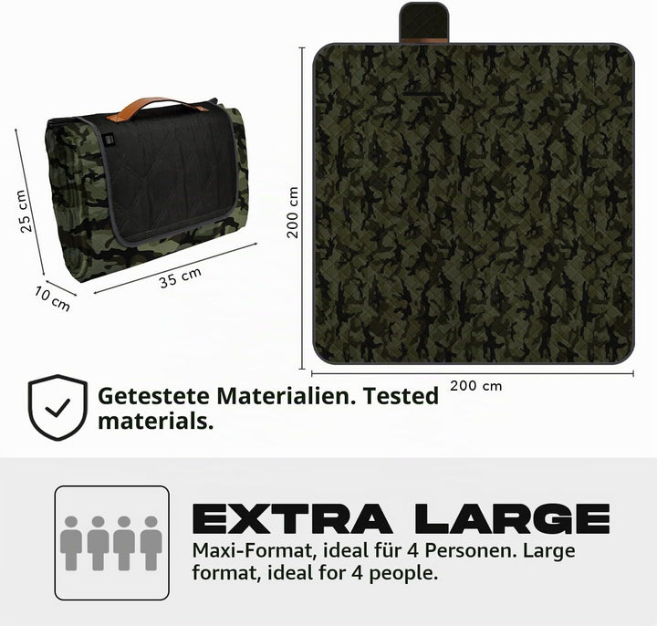 PERLETTI Picknickdecke Wasserdicht Faltbar Gross 200x200 - Outdoor Camping Decke mit Tragegurt - Str