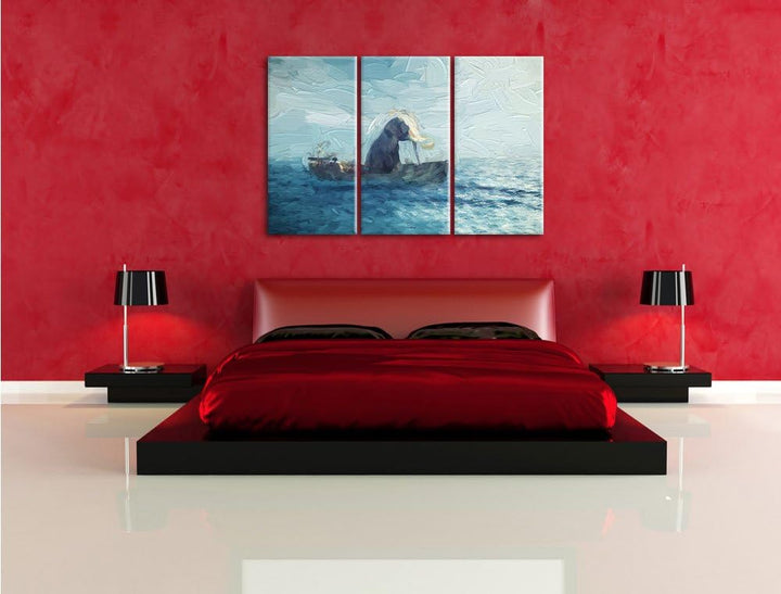 Pixxprint sitzender Elefant im Boot als Leinwandbild/Grösse: 3 Teilig (120x80) / Wandbild/Kunstdruck