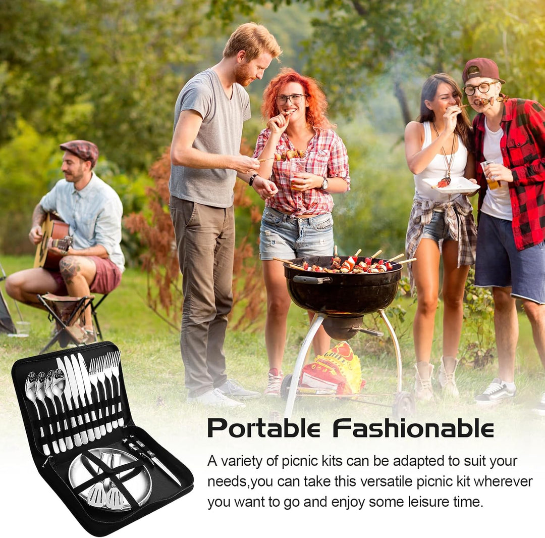Campingbesteck Set für 4 Personen - Tragbares Edelstahl Outdoor Geschirr Set für Camping, Picknick u