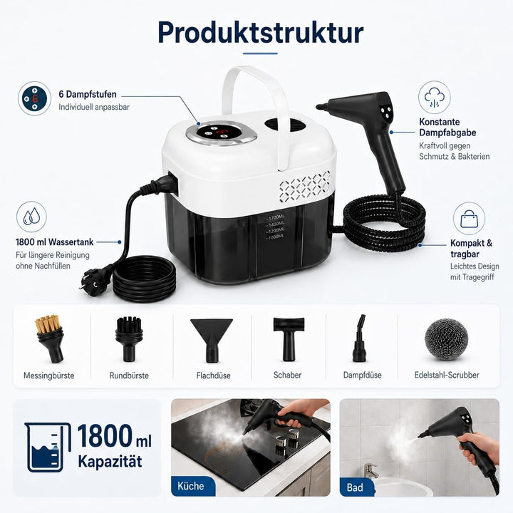 1500W Dampfreiniger Handgerät mit 1,8 L Wassertank, 6-Stufen | Hochdruck Dampfstrahlreiniger mit, Di