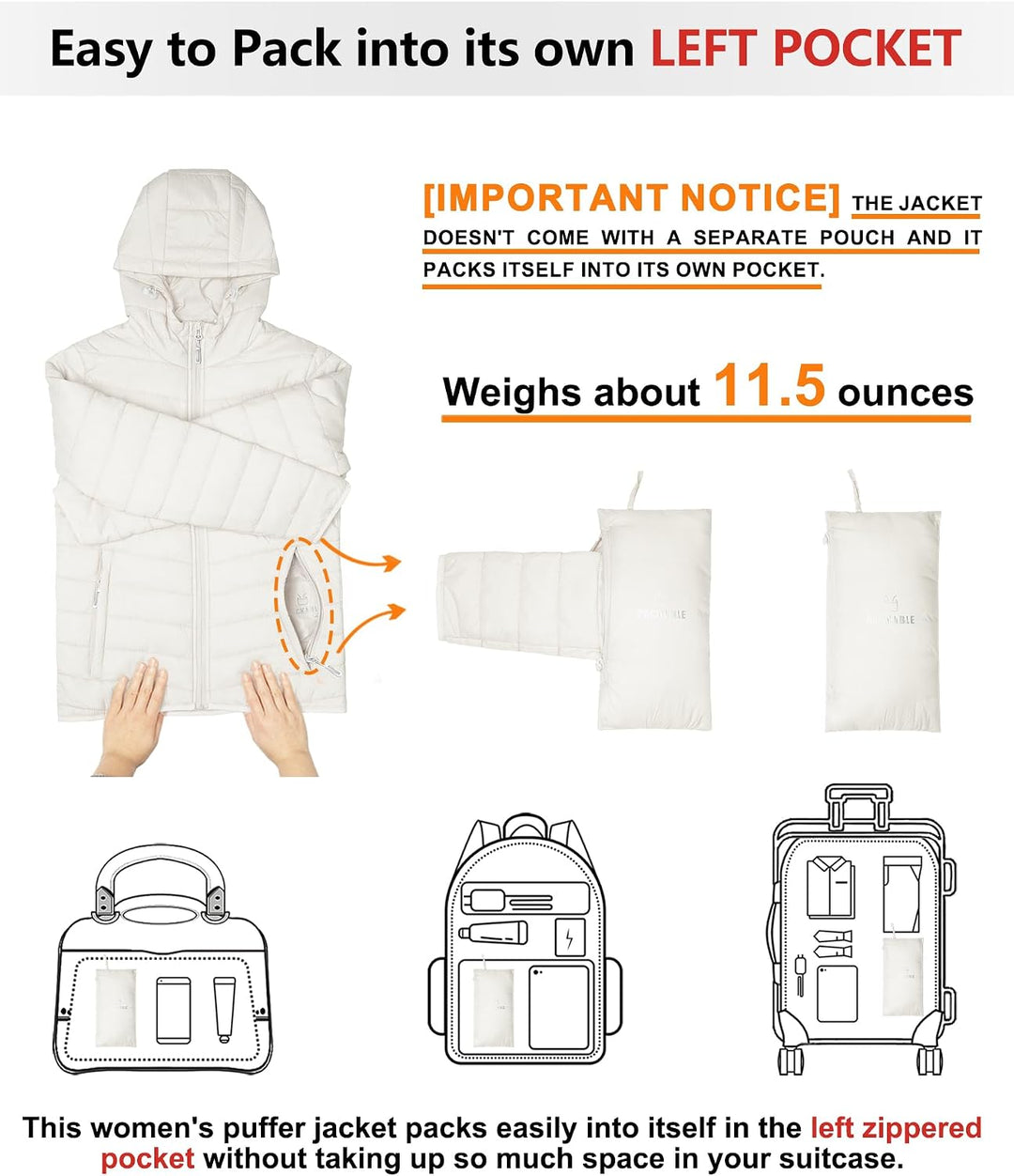 Outdoor Ventures Damen Steppjacke Leichte Packbare Übergangsjacke Warme Winterjacke mit Kapuze für F