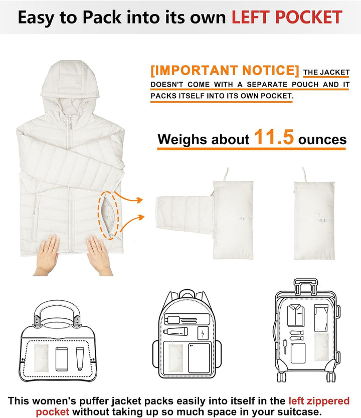Outdoor Ventures Damen Steppjacke Leichte Packbare Übergangsjacke Warme Winterjacke mit Kapuze für F