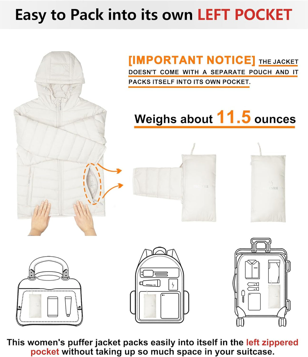 Outdoor Ventures Damen Steppjacke Leichte Packbare Übergangsjacke Warme Winterjacke mit Kapuze für F