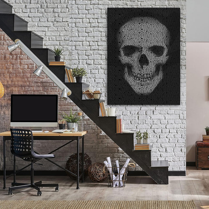 wandmotiv24 Totenkopf Wandbild aus Acrylglas, Grösse 100x75cm, Hochformat, Schädel Binär Code, Schwa