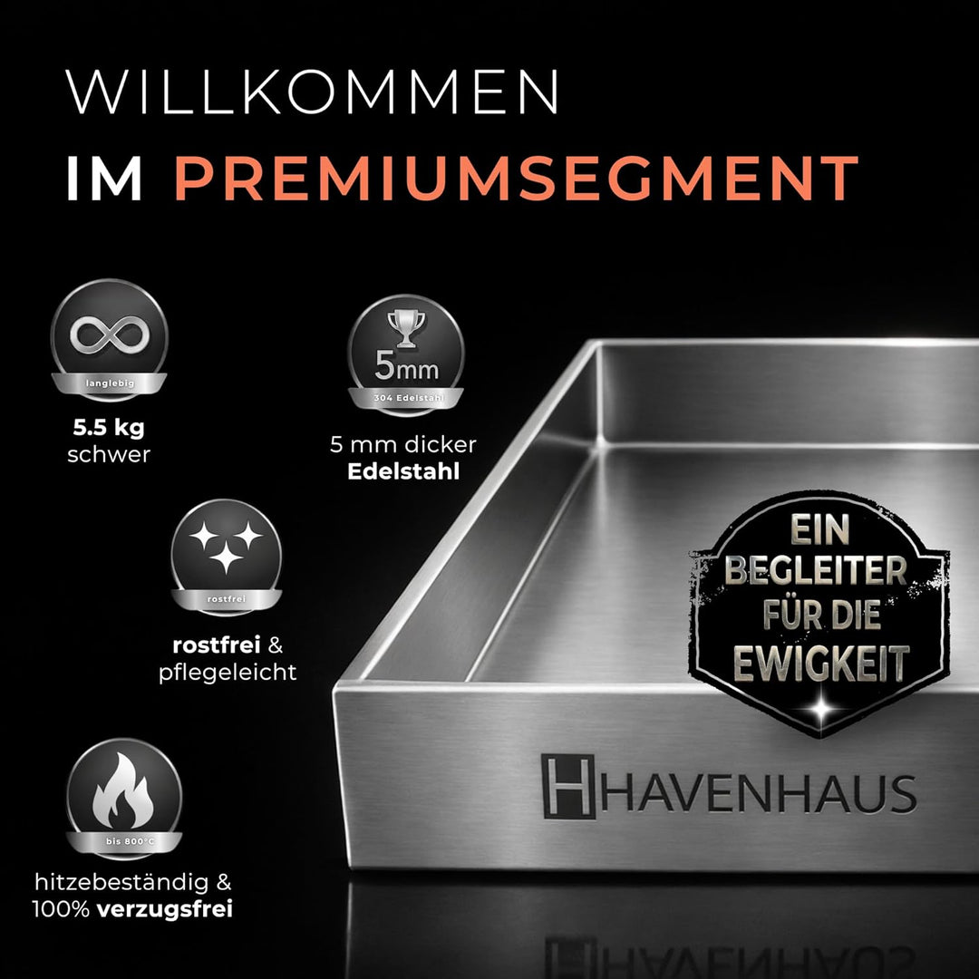 𝗛𝗔𝗩𝗘𝗡𝗛𝗔𝗨𝗦 Premium Plancha Grillplatte 5mm Edelstahl [40x30cm] I Massive Grillplatte 5mm mit geschlos