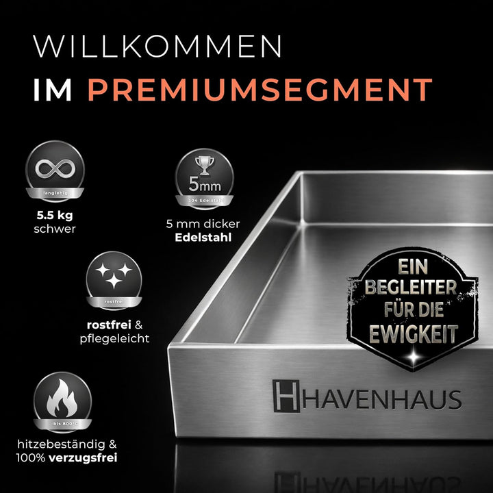 𝗛𝗔𝗩𝗘𝗡𝗛𝗔𝗨𝗦 Premium Plancha Grillplatte 5mm Edelstahl [40x30cm] I Massive Grillplatte 5mm mit geschlos