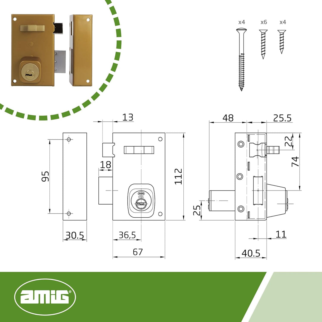 Amig - Aufschraubschloss DIN rechts mit Schliesshebel, Falle und Ziehgriff für Holztüren Mod. 75-67