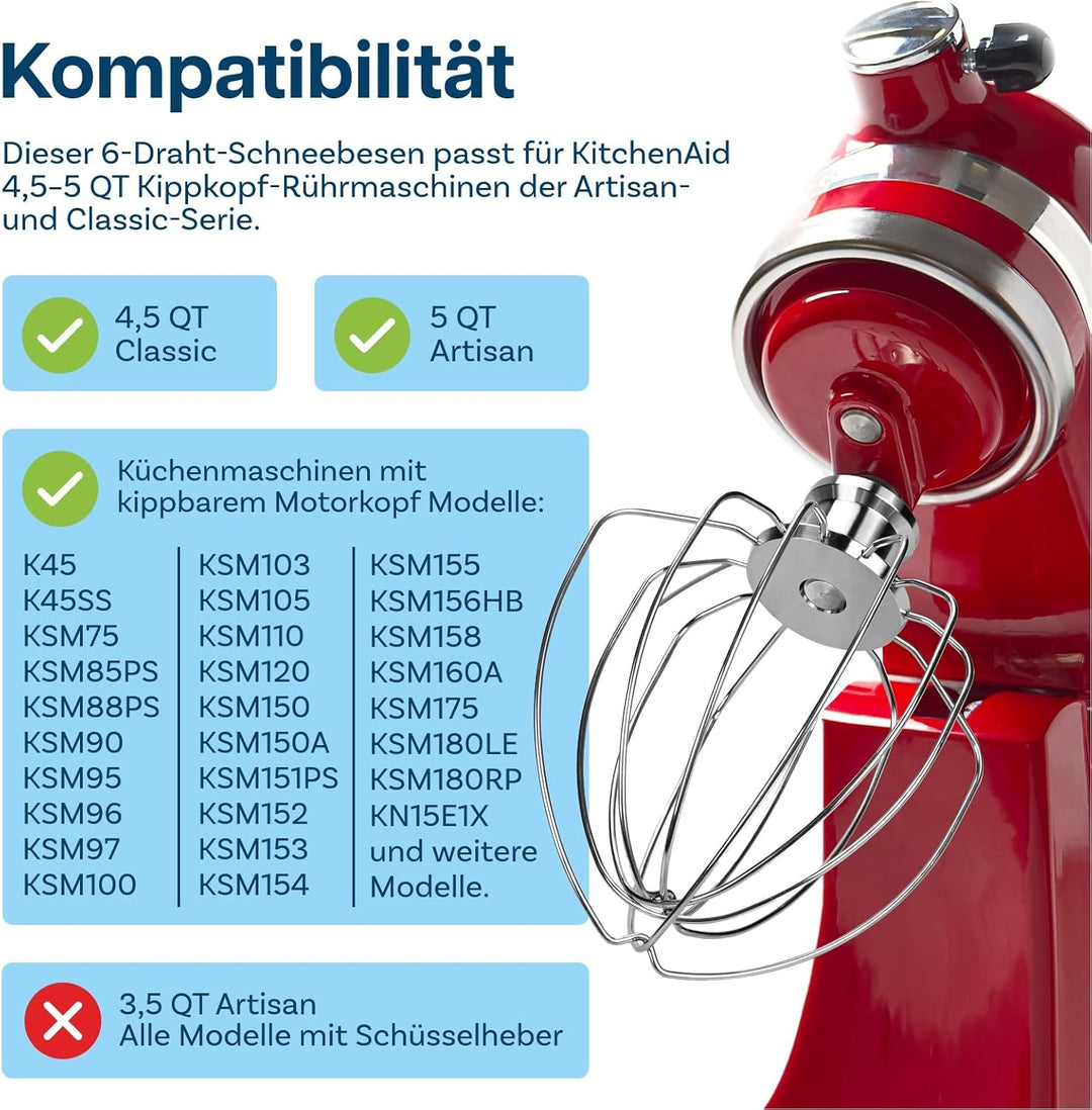 K45WW 6-Drahtiger Schneebesen für KitchenAid 4.5-5 Quart Kippkopf-Standmixer Artisan & Classic Serie