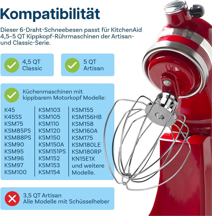 K45WW 6-Drahtiger Schneebesen für KitchenAid 4.5-5 Quart Kippkopf-Standmixer Artisan & Classic Serie