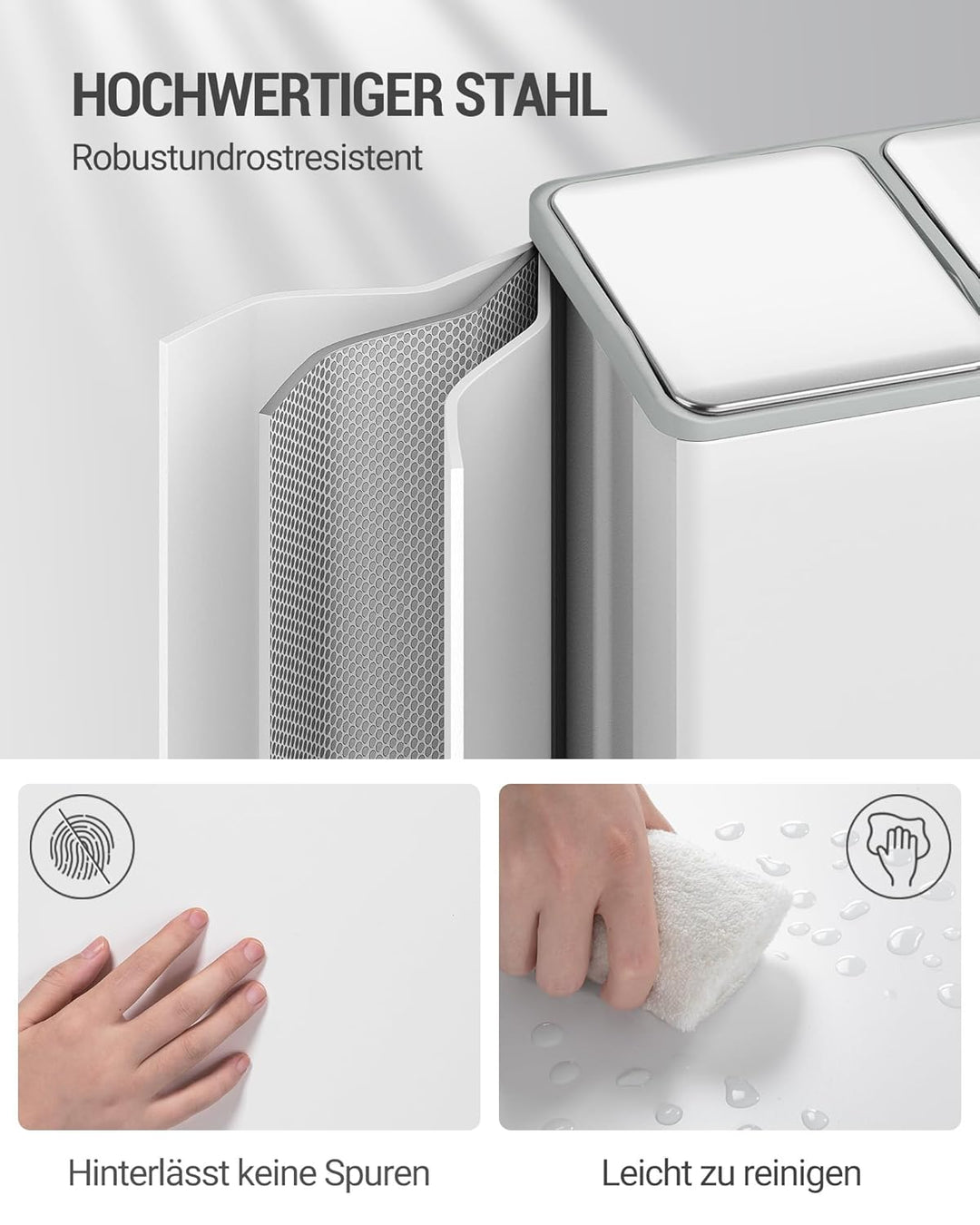 Hzuaneri Mülleimer Küche, Mülltrennsystem 3 Fächer 45L (3 x 15 L), Edelstahl-küchenmülleimer, Tretmü