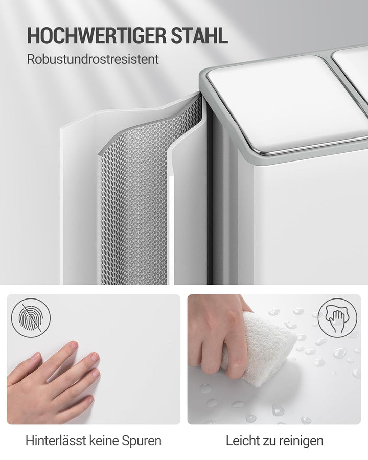 Hzuaneri Mülleimer Küche, Mülltrennsystem 3 Fächer 45L (3 x 15 L), Edelstahl-küchenmülleimer, Tretmü