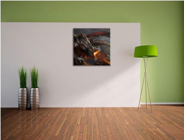 Pixxprint Kampf zwischen Mensch und Drache als Leinwandbild Quadratisch/Grösse: 70x70 / Wandbild/Kun