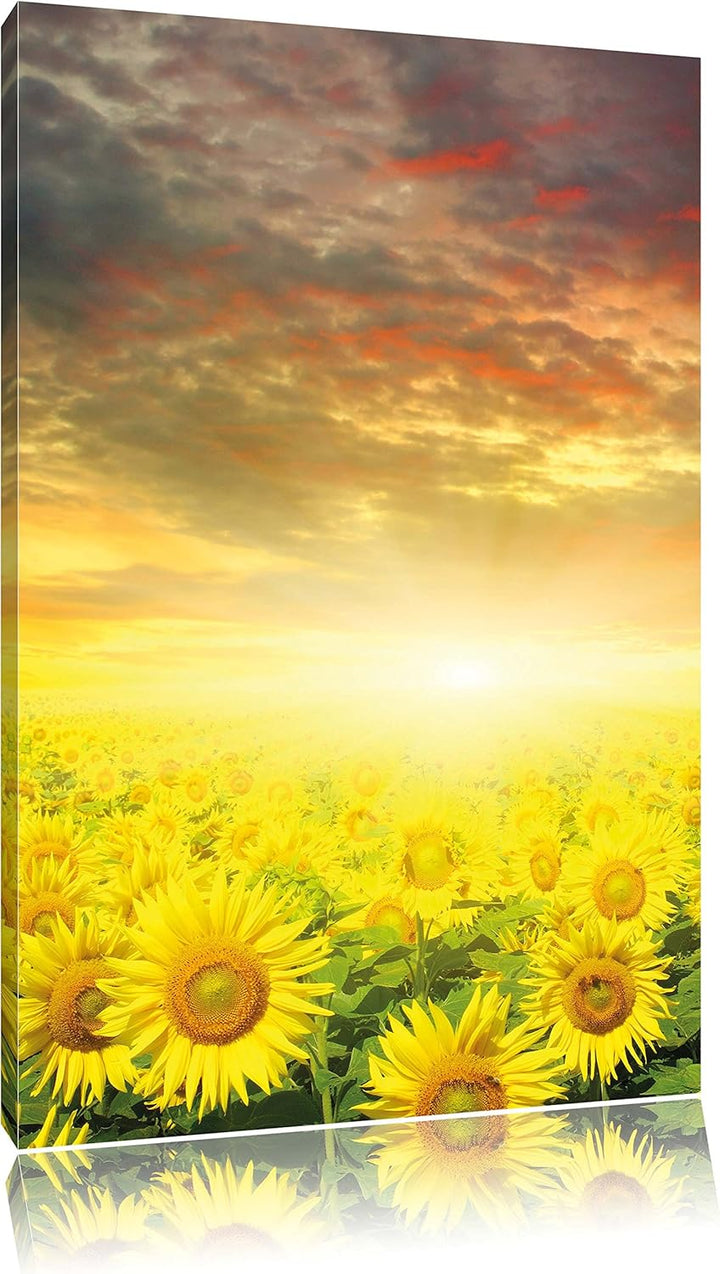Sonnenblumenfeld, Format: 100x70 auf Leinwand, XXL riesige Bilder fertig gerahmt mit Keilrahmen, Kun