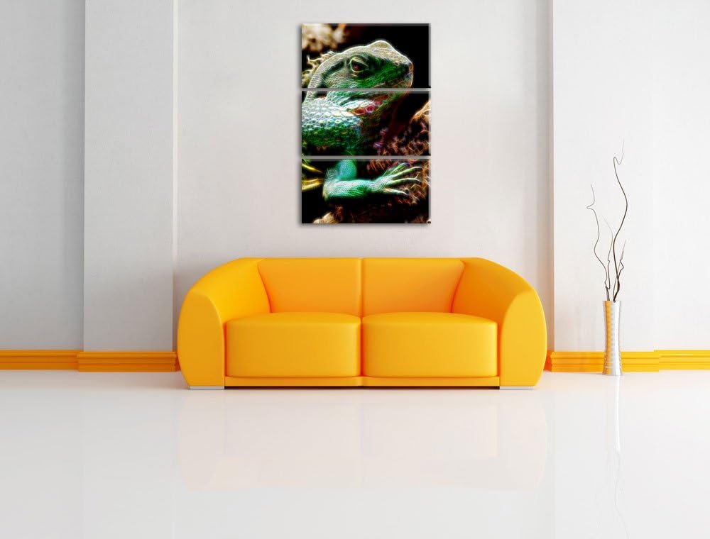 Dark grosses grünes Chamäleon NewArt 3-Teiler Leinwandbild 120x80 Bild auf Leinwand, XXL riesige Bil