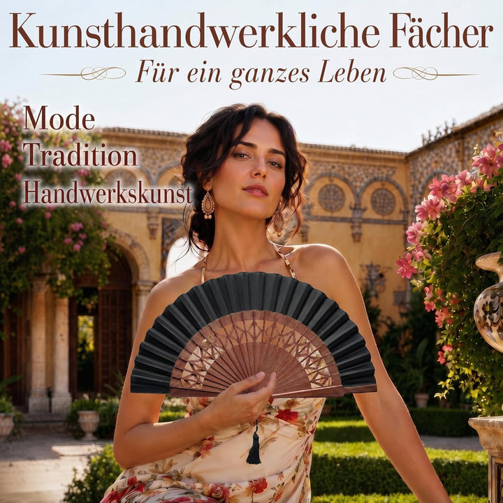 Handgefertigter Spanischer Fächer - 100% Baumwolle und Sipo-Holz - HandFächer aus Holz und Stoff - F