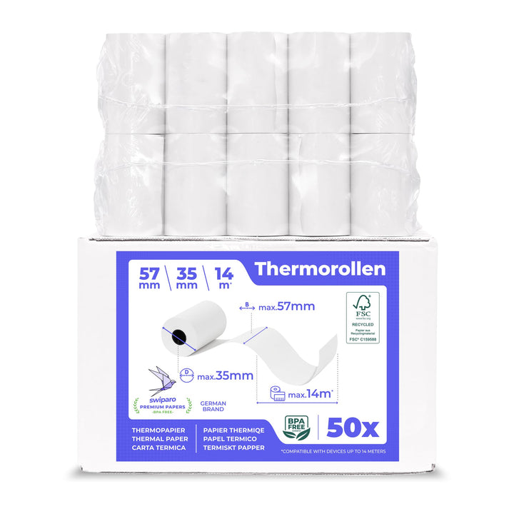 SWIPARO - Ec-Cash Thermorollen 57mm x 14m x 12mm - Kassenrollen -Thermopapier - Bonrollen für Bankom