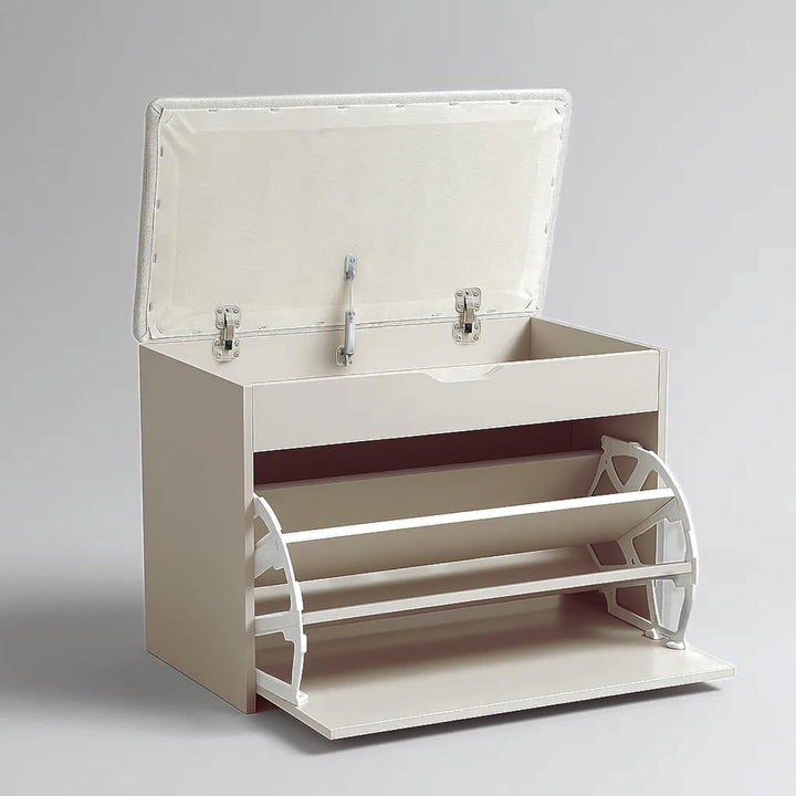 BOXIMO MDF Schuhschrank mit Sitzbank und ausziehbaren Regalen, Polyester Polsterung, 57 x 30 x 53 cm