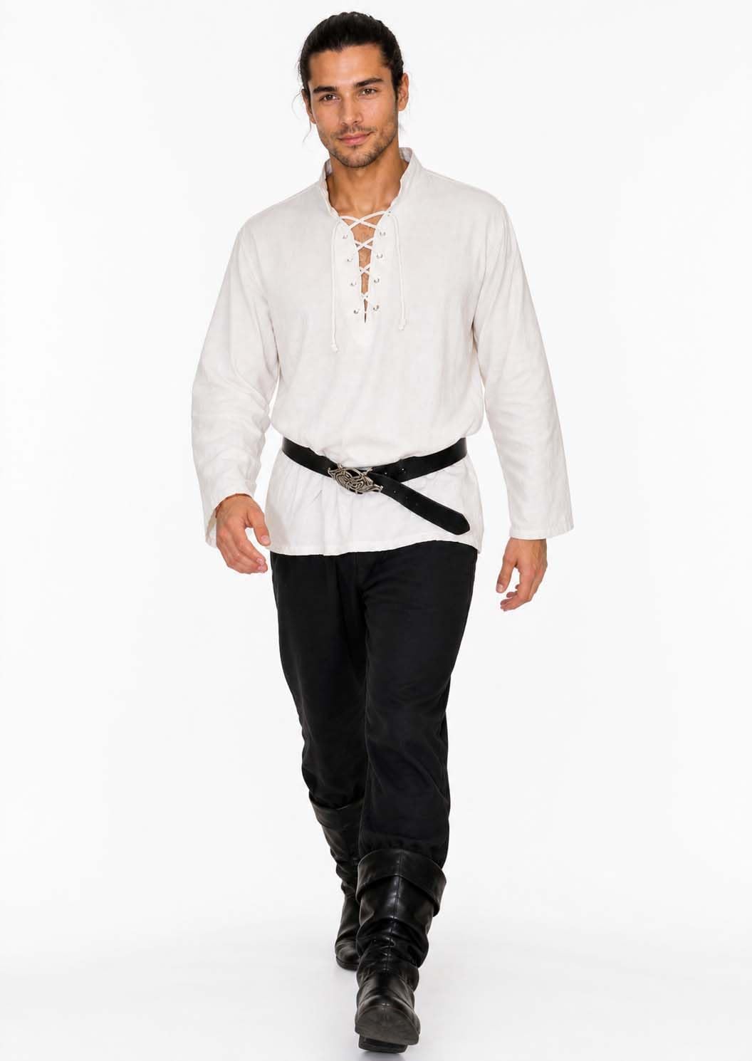 MAYLYNN Mittelalter Hemd Piratenhemd Wikinger Kelte Fischerhemd Yagumir, Gr. L L Weiss, L Weiss