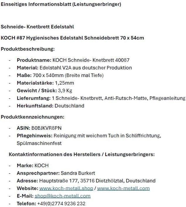 KOCH #87 Edelstahl Schneidebrett, Arbeitsfläche, Knetbrett satinierte Oberfläche 70 x 54cm OHNE hint