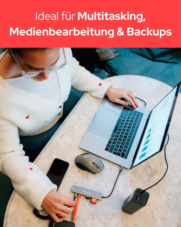Verbatim USB-C Essentials Multiport Hub, 7 Anschlüsse: HDMI, USB-C 3.2 Gen 1, USB-C PD bis 100W, 2×