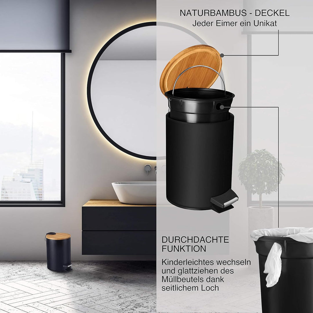 VMbathrooms 3L Kosmetikeimer in edlem schwarzem Design | Tretmülleimer mit Absenkautomatik (Soft Clo