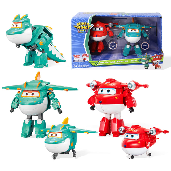 Super Wings 5" Transforming Characters 2-Pack Transforming Supercharged Jett + Tino, Transformer Spi