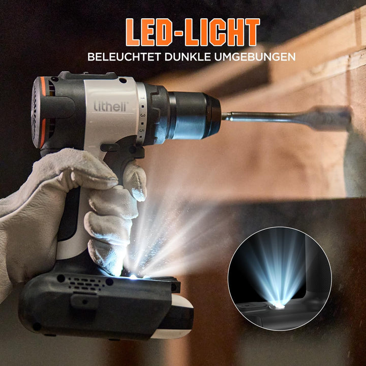 Litheli 20V Akku Bohrschrauber mit 2X10.000mAh Li-Ion Akku, 60 Nm Maximaldrehmoment, 17+1 Drehmoment