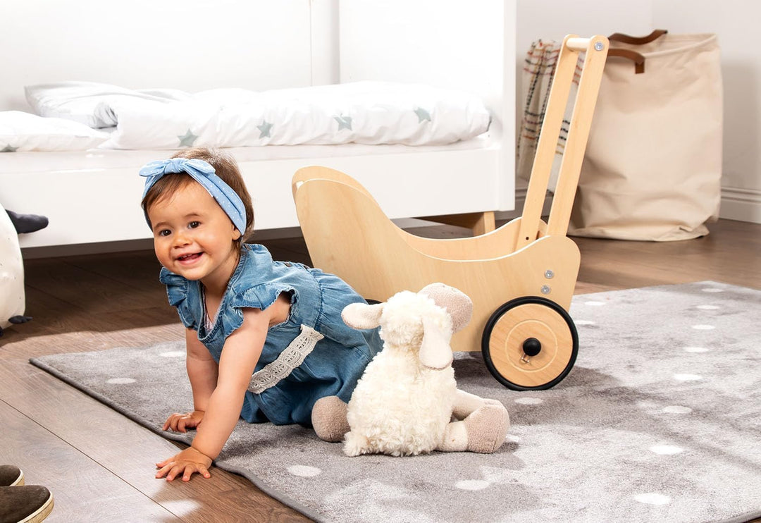Pinolino Puppenwagen Sarah, aus Holz, mit Bremssystem, Lauflernhilfe mit gummierten Holzrädern, für