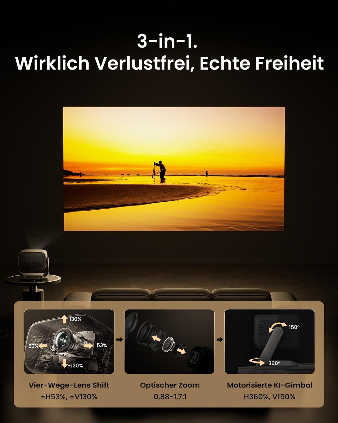 JMGO N3 Ultimate 4K Beamer Triple Laser Heimkino, 5800 ISO Lumen, Google TV mit Netflix, Lens Shift,