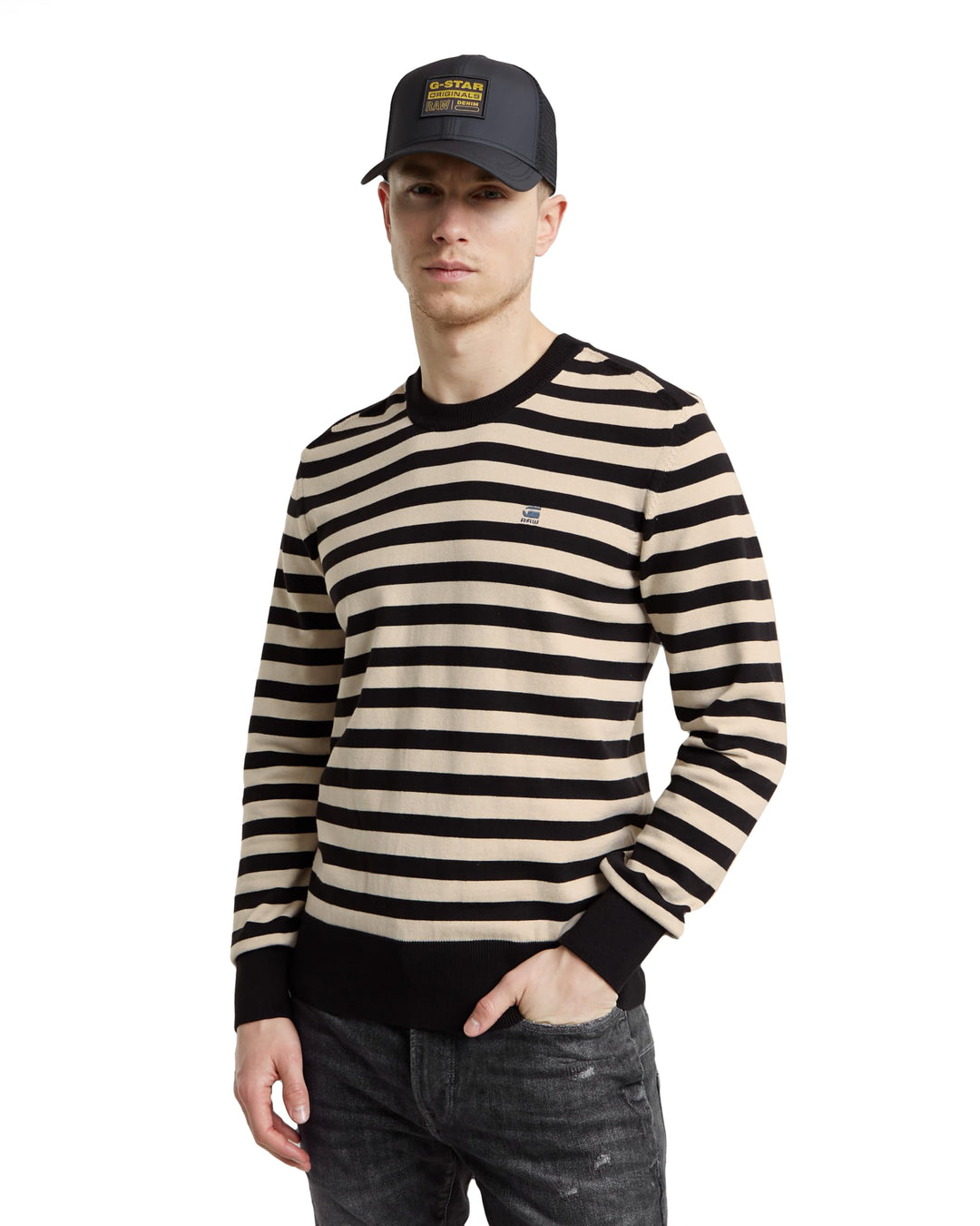 G-Star RAW Herren Stripe Knitted Pullover Knits L Mehrfarben (Dk Black/Whitebait Stripe D25155-d840-