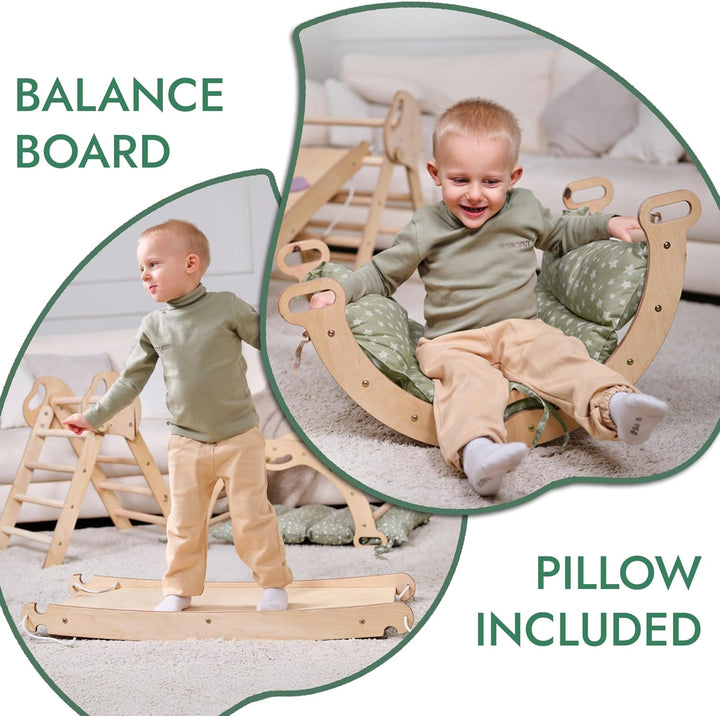 Goodevas 5-in-1 Montessori Klettergerüst Set: Indoor Kletterdreieck, Kletterbogen mit Kissen, und Ru