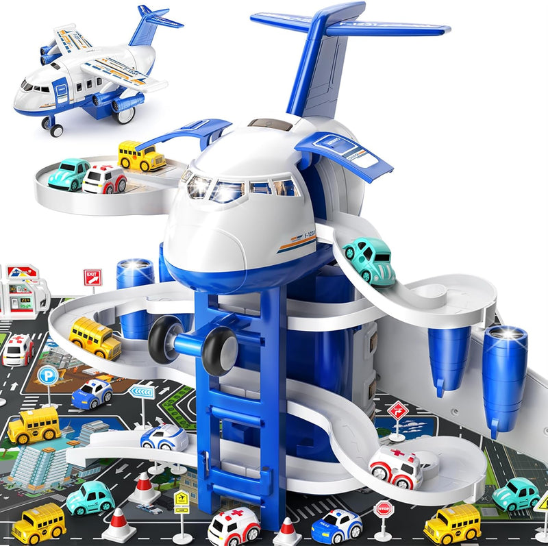 TEMI Kinder Flugzeug Spielzeug Rennstrecke Auto Spielzeug für 3 4 5 6 7 Jungen zu Transformed Flugze