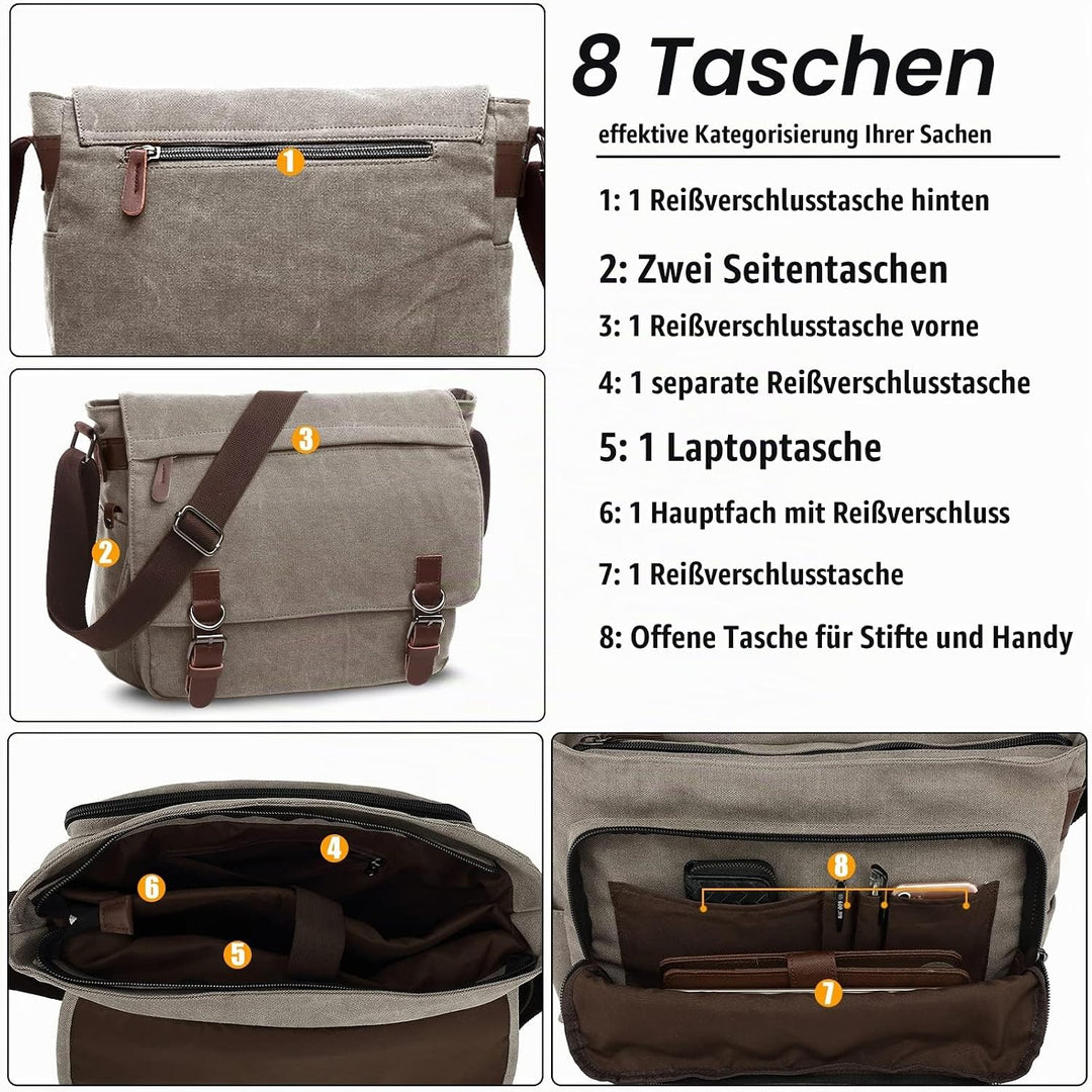 CALIYO Umhängetaschen Herren aus Canvas Schultasche Queformat A4 Laptoptasche für 15,6 Zoll Laptop A