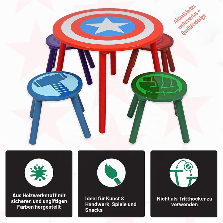 Marvel Avengers Tisch- und Hocker-Set für 4 Personen, hält bis zu 30 kg pro Hocker, perfekt zum Spie