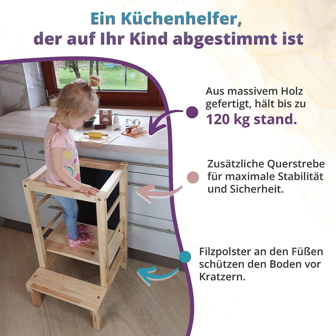Lernturm Holz, Küchenhelfer für Kinder, Tritthocker Kinder, Trittschemel, Learning Tower, Höhenverst