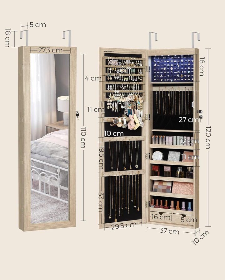 SONGMICS Schmuckschrank, Wand-Aufbewahrungsmöbel für Halsketten, Ohrringe, Zubehörschrank, mit Spieg