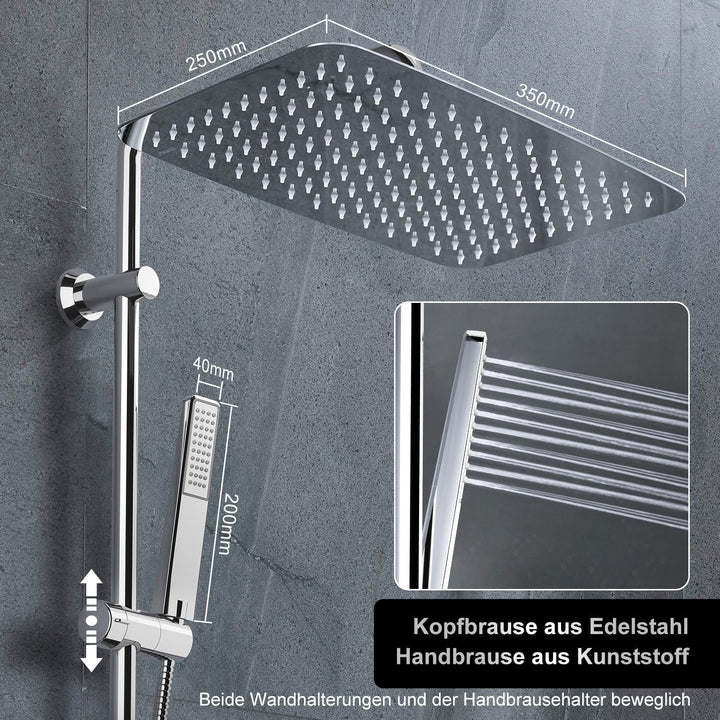 Görbach Edelstahl Duschsystem ohne Armatur, Regendusche Duschset mit Duschstange und Kopfbrause rech
