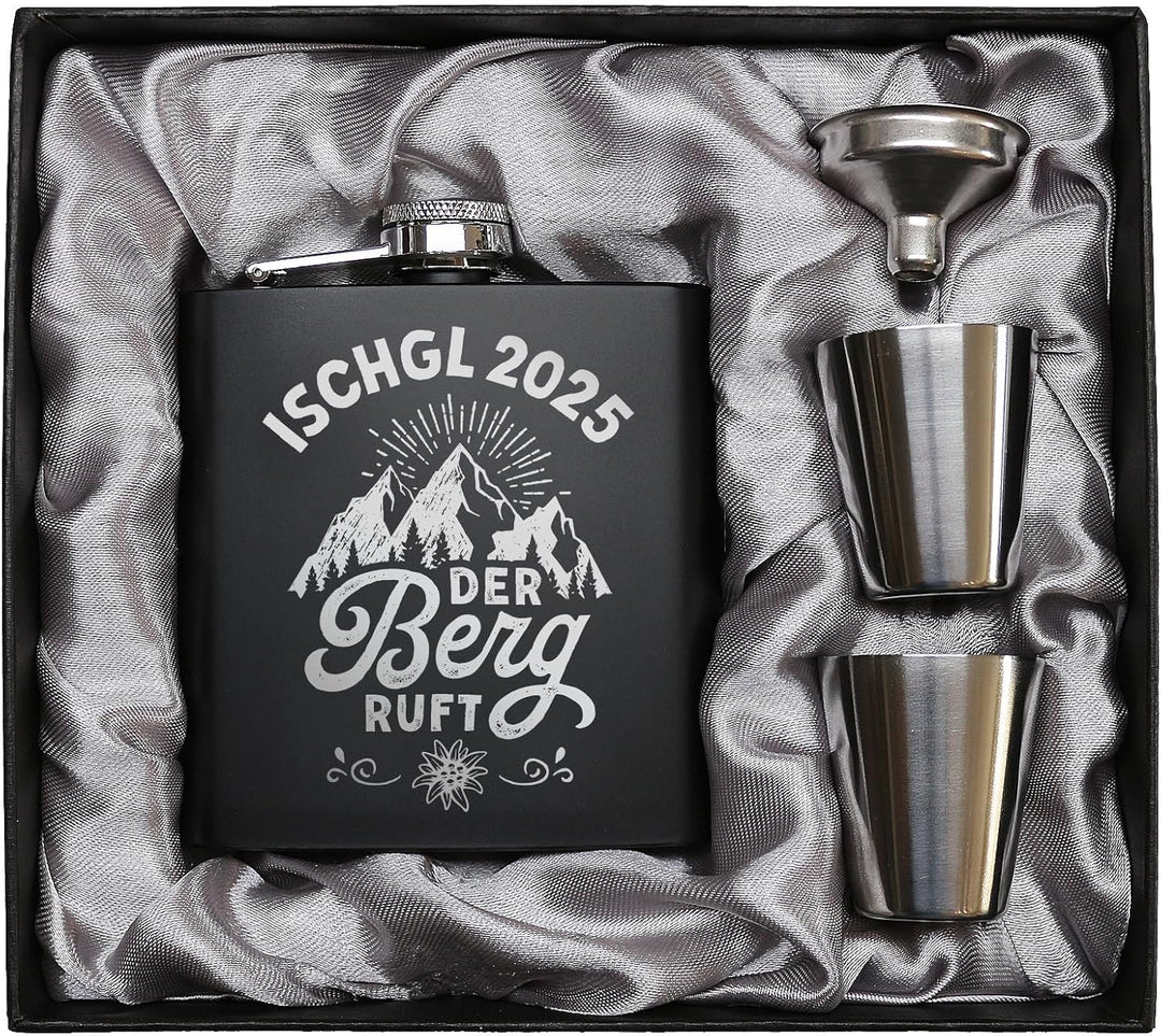 Der Berg ruft Flachmann Skifahren Berg Flachmann Ski Geschenk Wandern personalisiert mit Gravur Schw