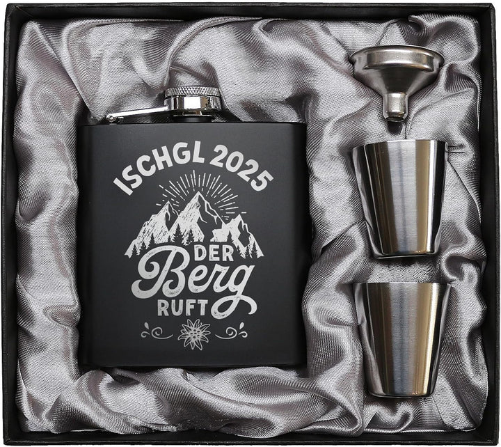 Der Berg ruft Flachmann Skifahren Berg Flachmann Ski Geschenk Wandern personalisiert mit Gravur Schw